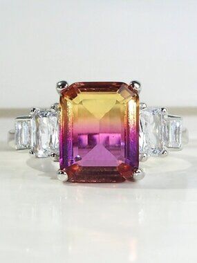 925 STERLING SILVER Emerald Cut Bicolor Cubic Zirconia Ring